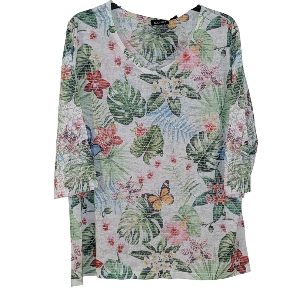 Zuriel‎ Palm Flowers Tropical V-Neck Top  Rhinestone 3/4 Sleeve L/XL NWT $38